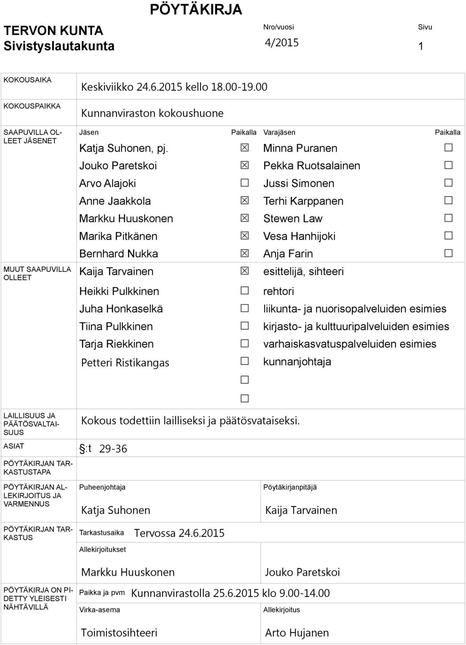 Minna Puranen Jouko Paretskoi Pekka Ruotsalainen Arvo Alajoki Jussi Simonen Anne Jaakkola Terhi Karppanen Markku Huuskonen Stewen Law Marika Pitkänen Vesa Hanhijoki Bernhard Nukka Anja Farin Kaija