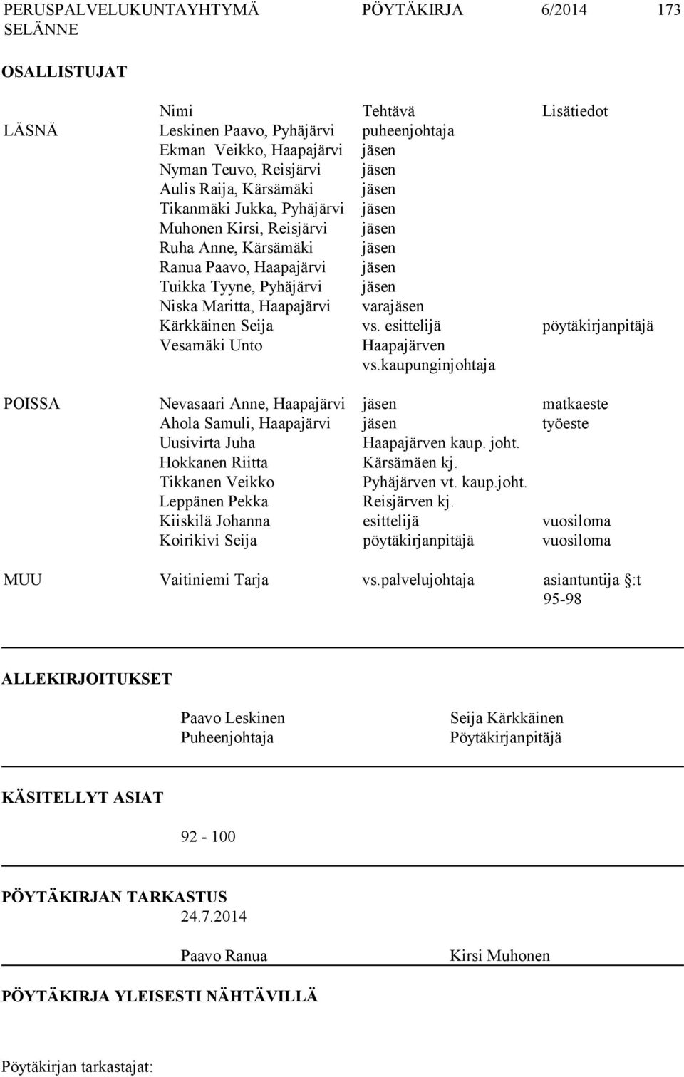 Seija vs. esittelijä pöytäkirjanpitäjä Vesamäki Unto Haapajärven vs.