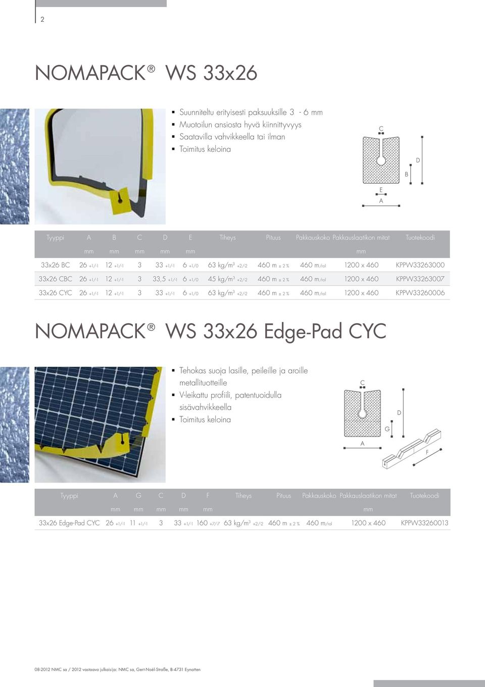 460 m/rol 1200 x 460 KPPW33263007 33x26 CYC 26 +1/-1 12 +1/-1 3 33 +1/-1 6 +1/0 63 kg/m 3 +2/-2 460 m ± 2 % 460 m/rol 1200 x 460 KPPW33260006 NOMAPACK WS 33x26 Edge-Pad CYC Tehokas suoja lasille,