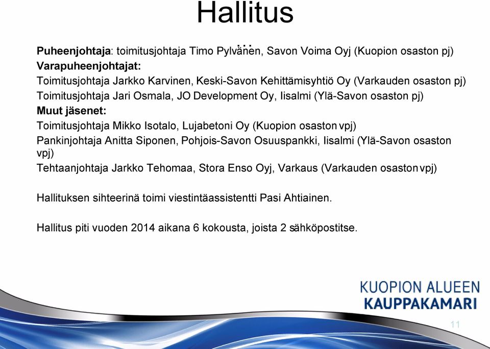 Lujabetoni Oy (Kuopion osaston vpj) Pankinjohtaja Anitta Siponen, PohjoisSavon Osuuspankki, Iisalmi (YläSavon osaston vpj) Tehtaanjohtaja Jarkko Tehomaa, Stora Enso