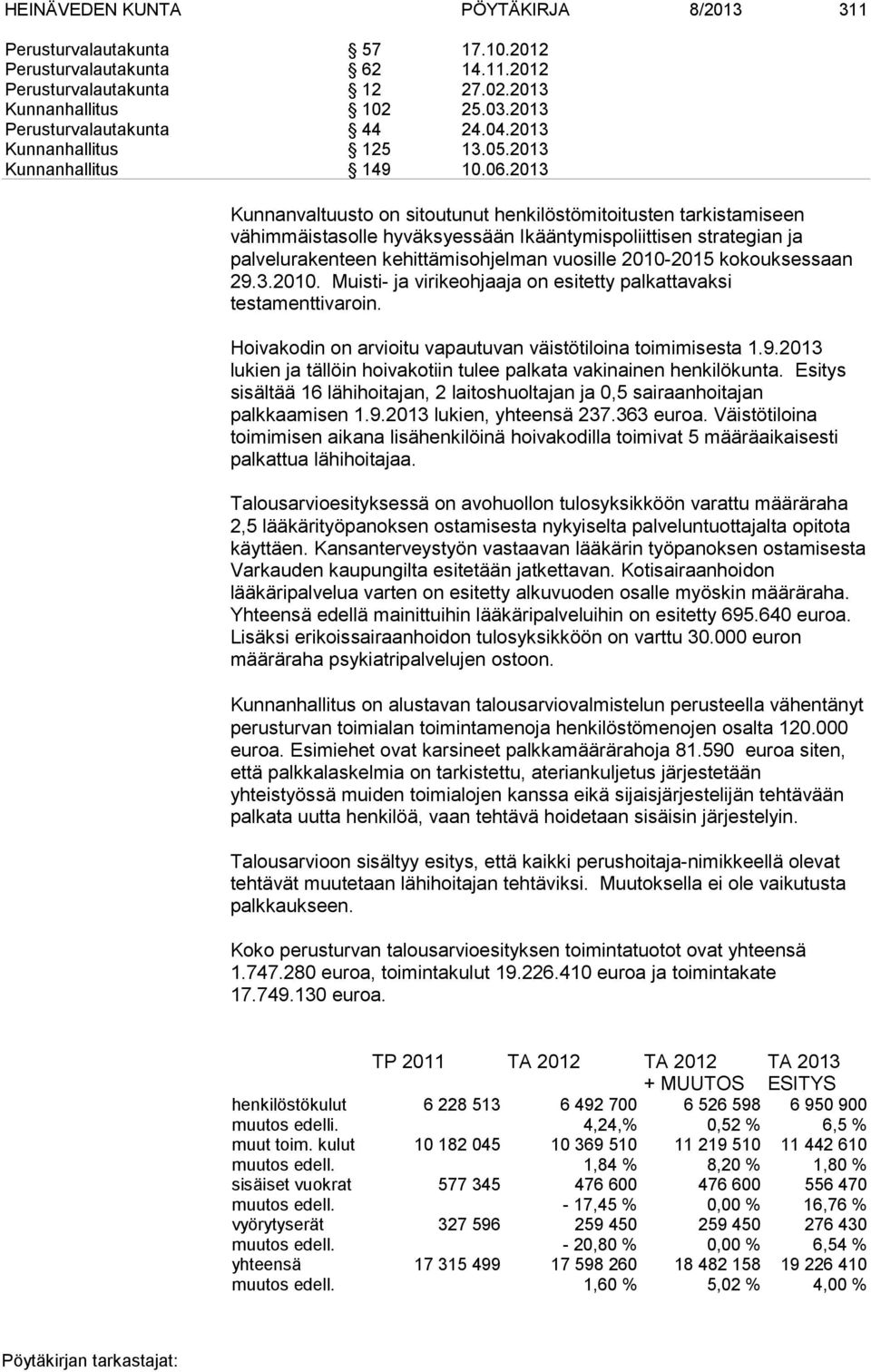 2013 Kunnanvaltuusto on sitoutunut henkilöstömitoitusten tarkistamiseen vähimmäistasolle hyväksyessään Ikääntymispoliittisen strategian ja palvelurakenteen kehittämisohjelman vuosille 2010-2015