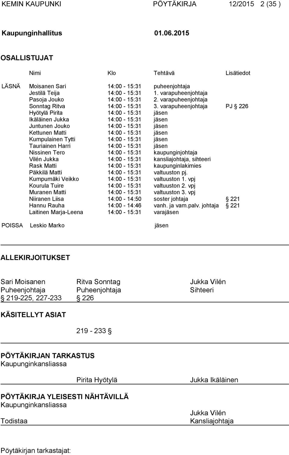 varapuheenjohtaja PJ 226 Hyötylä Pirita 14:00-15:31 jäsen Ikäläinen Jukka 14:00-15:31 jäsen Juntunen Jouko 14:00-15:31 jäsen Kettunen Matti 14:00-15:31 jäsen Kumpulainen Tytti 14:00-15:31 jäsen