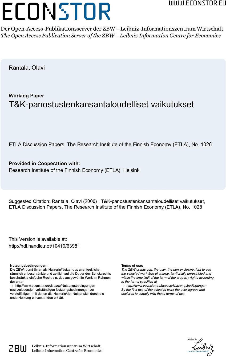 eu Der Open-Access-Publikationsserver der ZBW Leibniz-Informationszentrum Wirtschaft The Open Access Publication Server of the ZBW Leibniz Information Centre for Economics Rantala, Olavi Working