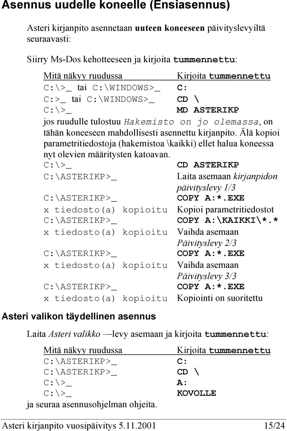 Älä kopioi parametritiedostoja (hakemistoa \kaikki) ellet halua koneessa nyt olevien määritysten katoavan.