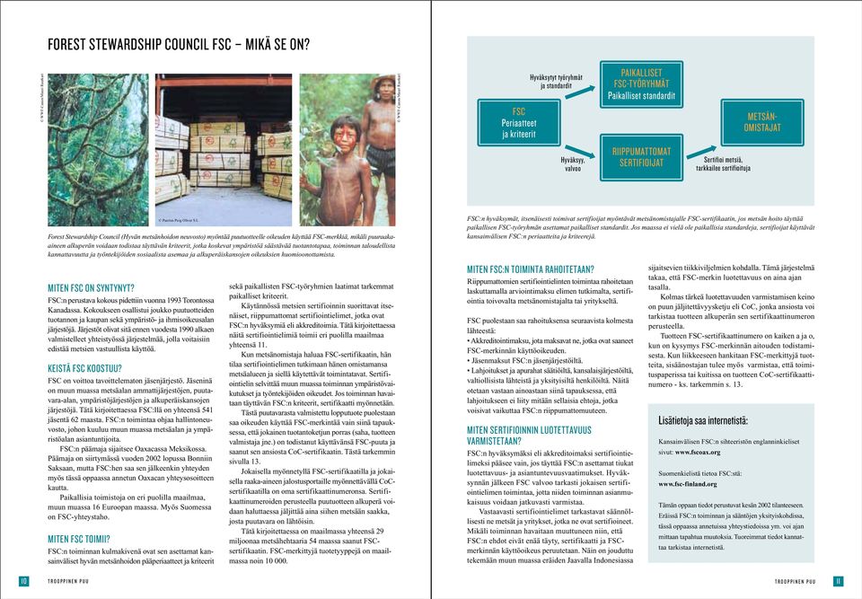 RIIPPUMATTOMAT SERTIFIOIJAT Sertifioi metsiä, tarkkailee sertifioituja 10 Forest Stewardship Council (Hyvän metsänhoidon neuvosto) myöntää puutuotteelle oikeuden käyttää FSC-merkkiä, mikäli