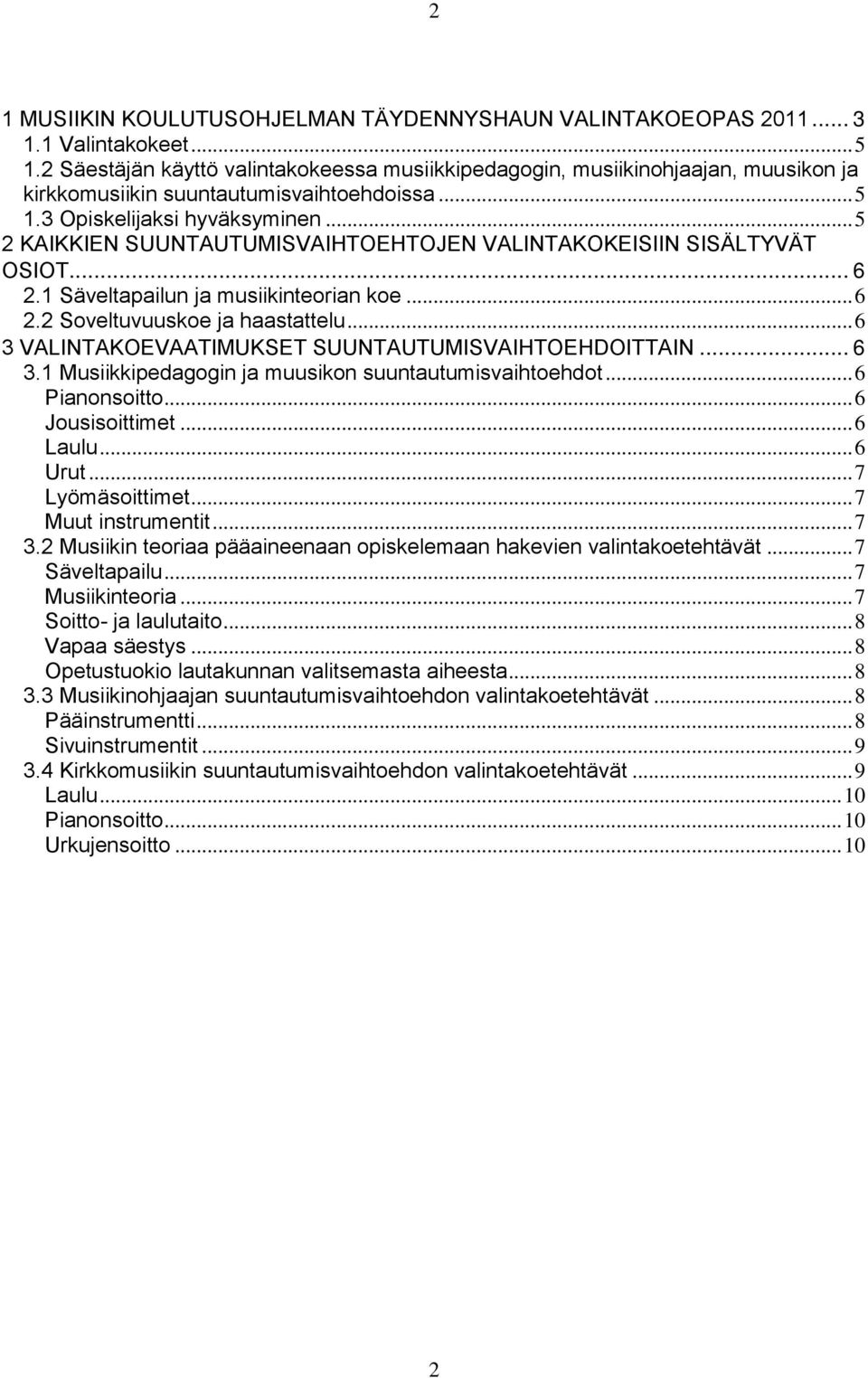 .. 5 2 KAIKKIEN SUUNTAUTUMISVAIHTOEHTOJEN VALINTAKOKEISIIN SISÄLTYVÄT OSIOT... 6 2.1 Säveltapailun ja musiikinteorian koe... 6 2.2 Soveltuvuuskoe ja haastattelu.