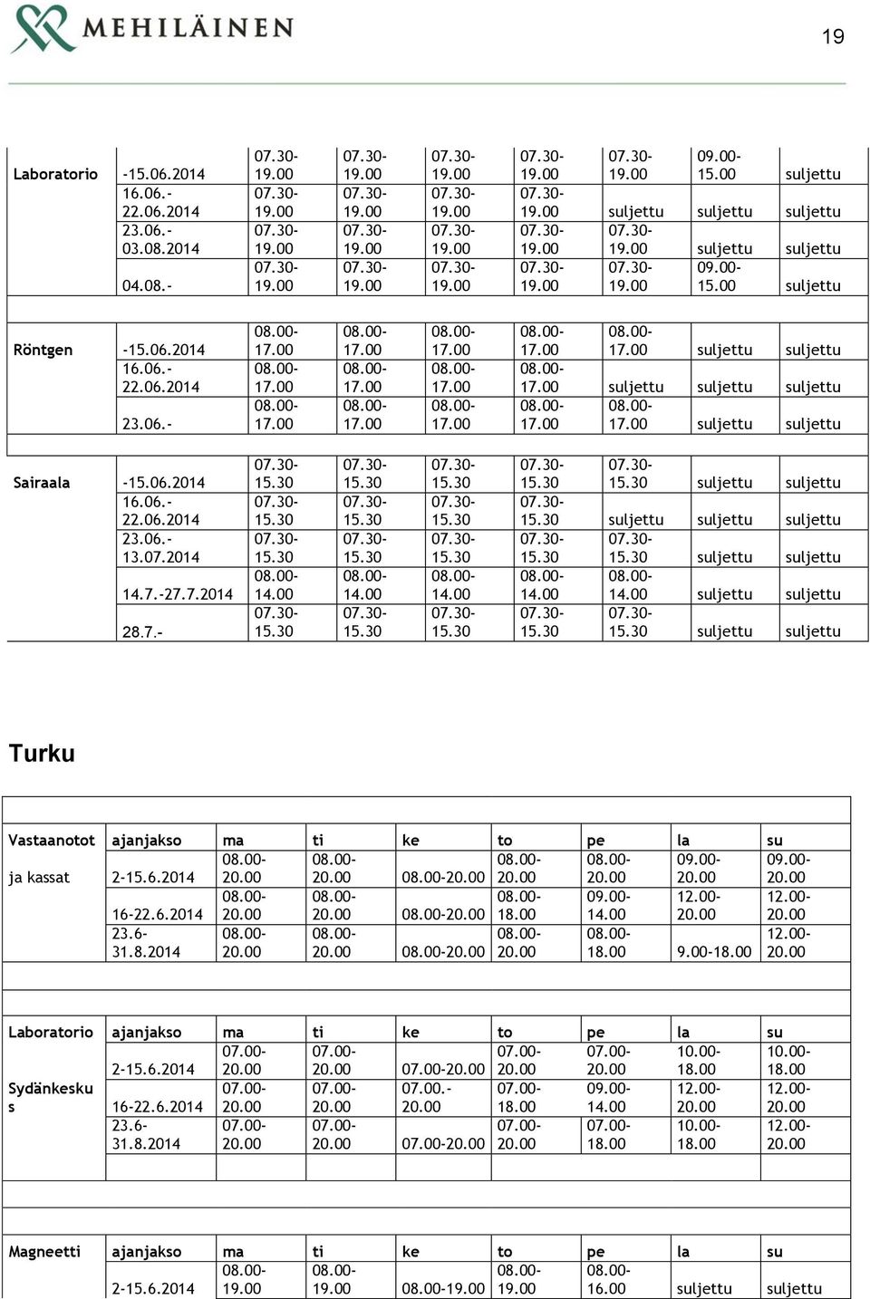 00 12.00 23.6 31.8.2014 9.00 12.00 Laboratorio ajanjakso ma ti ke to pe la s 215.6.2014 Sydänkesk s 1622.