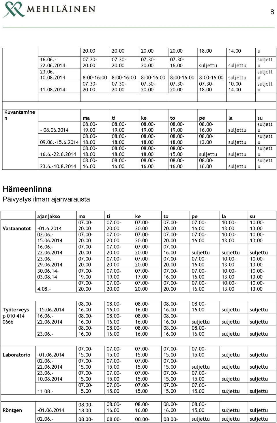 2014 Hämeenlinna Päivystys ilman ajanvarasta ajanjakso ma ti ke to pe la s 01.6.2014 02.