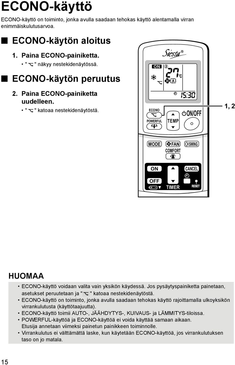 ECONO POWERFUL TEMP ON/OFF 1, 2 MODE FAN SWING COMFORT ON CANCEL OFF TIMER HUOMAA ECONO-käyttö voidaan valita vain yksikön käydessä.