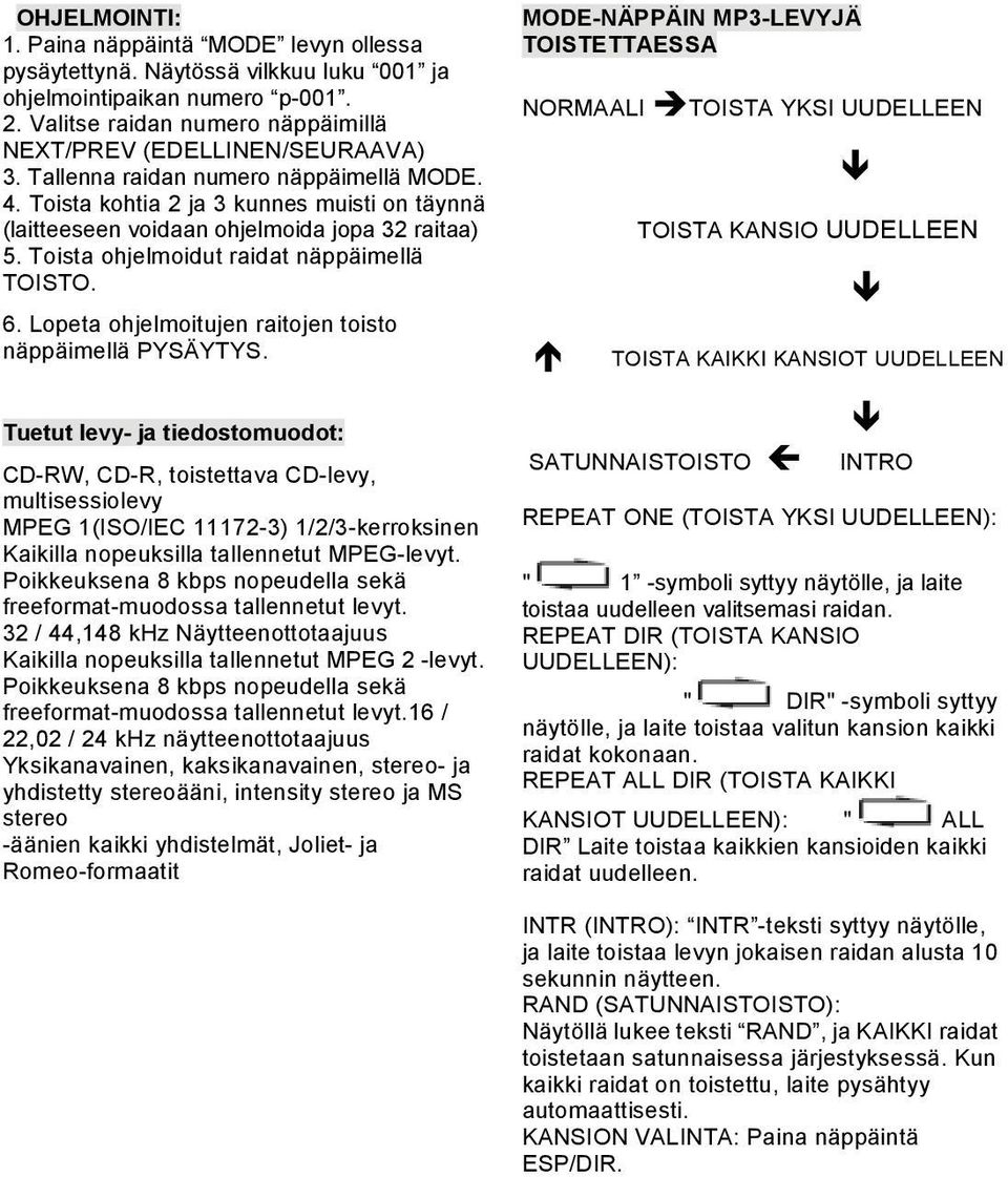 Lopeta ohjelmoitujen raitojen toisto näppäimellä PYSÄYTYS.