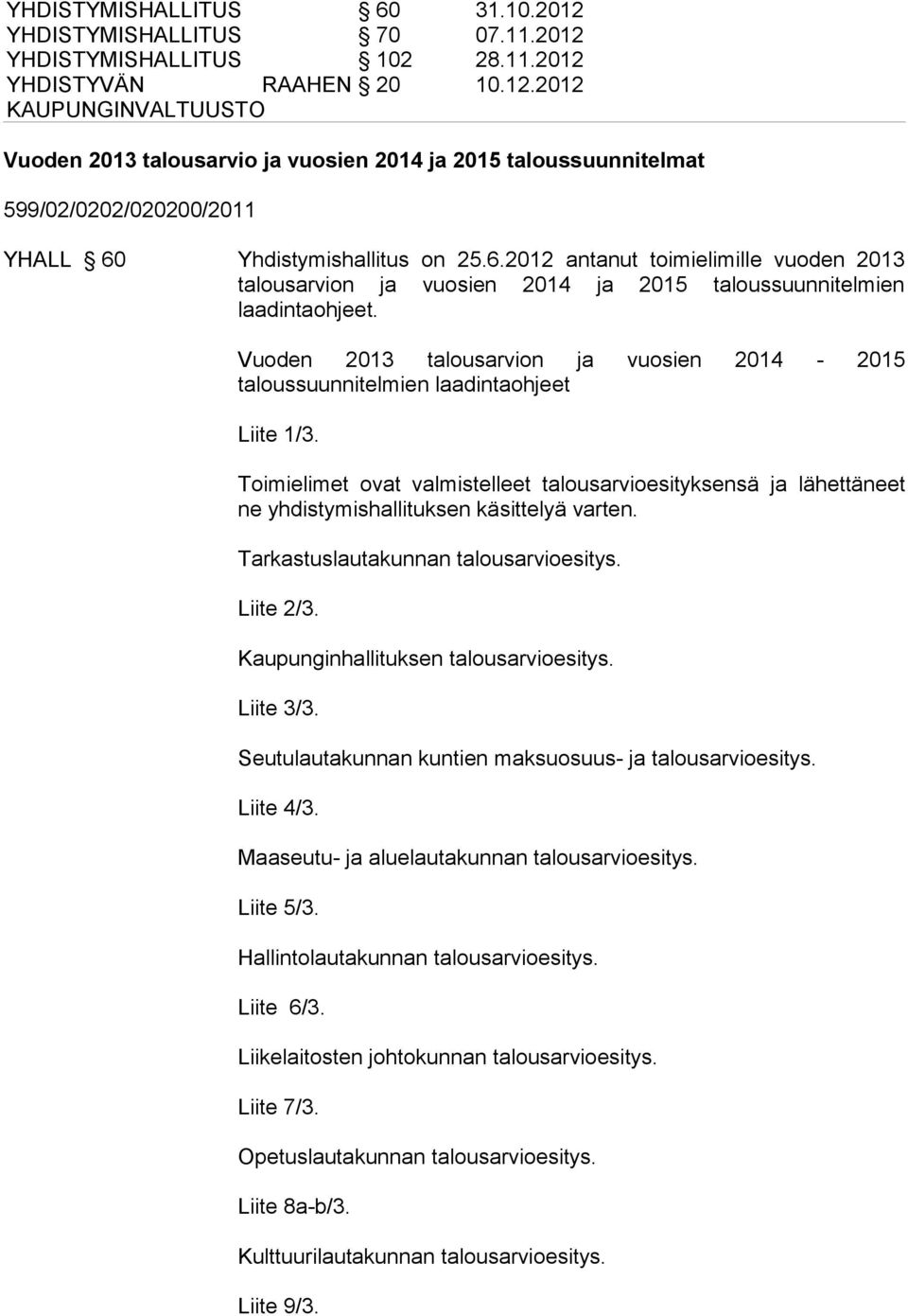 Vuoden 2013 talousarvion ja vuosien 2014-2015 taloussuunnitelmien laadintaohjeet Liite 1/3.