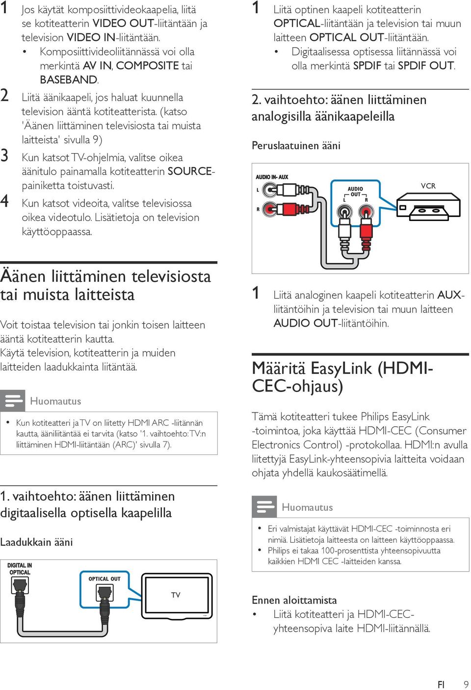 (katso 'Äänen liittäminen televisiosta tai muista laitteista' sivulla 9) 3 Kun katsot TV-ohjelmia, valitse oikea äänitulo painamalla kotiteatterin SOURCEpainiketta toistuvasti.