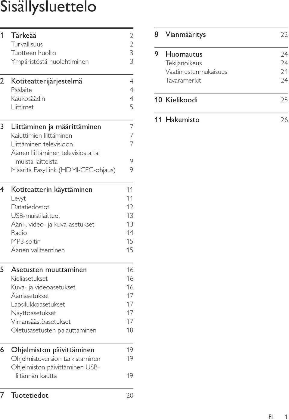 Vaatimustenmukaisuus 24 Tavaramerkit 24 10 Kielikoodi 25 11 Hakemisto 26 4 Kotiteatterin käyttäminen 11 Levyt 11 Datatiedostot 12 USB-muistilaitteet 13 Ääni-, video- ja kuva-asetukset 13 Radio 14