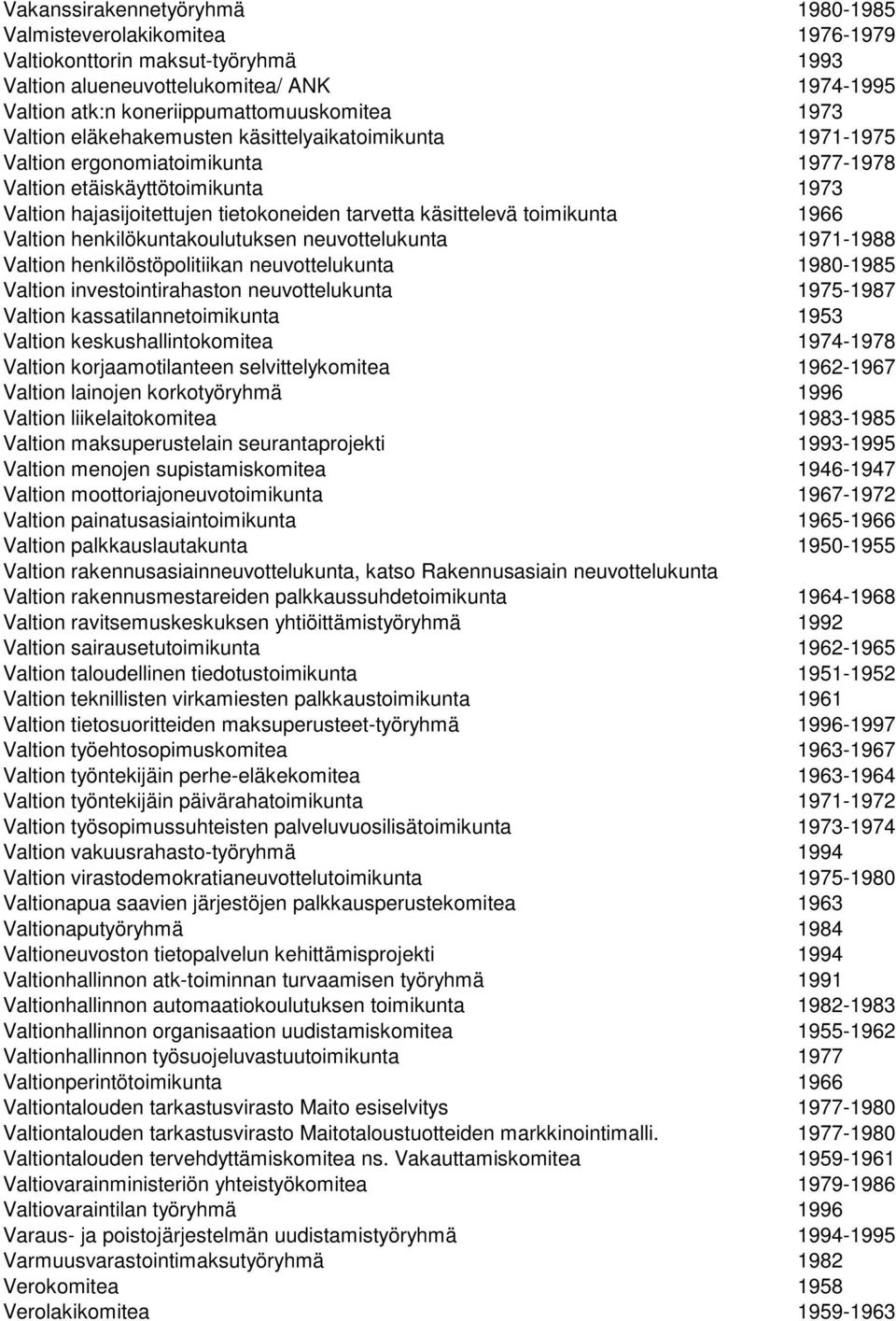 toimikunta 1966 Valtion henkilökuntakoulutuksen neuvottelukunta 1971-1988 Valtion henkilöstöpolitiikan neuvottelukunta 1980-1985 Valtion investointirahaston neuvottelukunta 1975-1987 Valtion