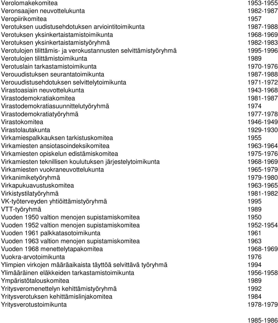 1970-1976 Verouudistuksen seurantatoimikunta 1987-1988 Verouudistusehdotuksen selvittelytoimikunta 1971-1972 Virastoasiain neuvottelukunta 1943-1968 Virastodemokratiakomitea 1981-1987