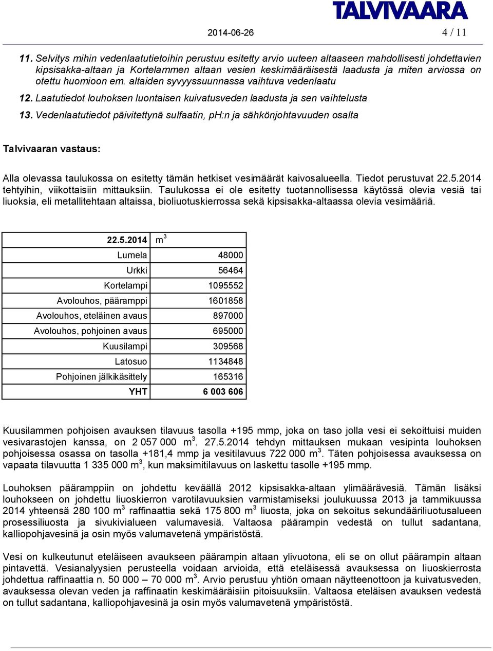 otettu huomioon em. altaiden syvyyssuunnassa vaihtuva vedenlaatu 12. Laatutiedot louhoksen luontaisen kuivatusveden laadusta ja sen vaihtelusta 13.