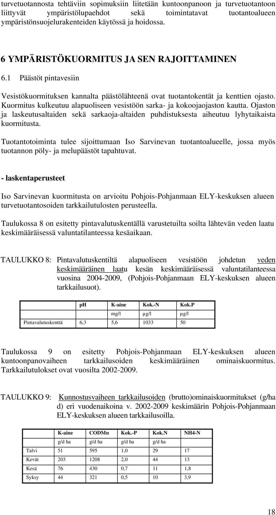 Kuormitus kulkeutuu alapuoliseen vesistöön sarka- ja kokoojaojaston kautta. Ojaston ja laskeutusaltaiden sekä sarkaoja-altaiden puhdistuksesta aiheutuu lyhytaikaista kuormitusta.