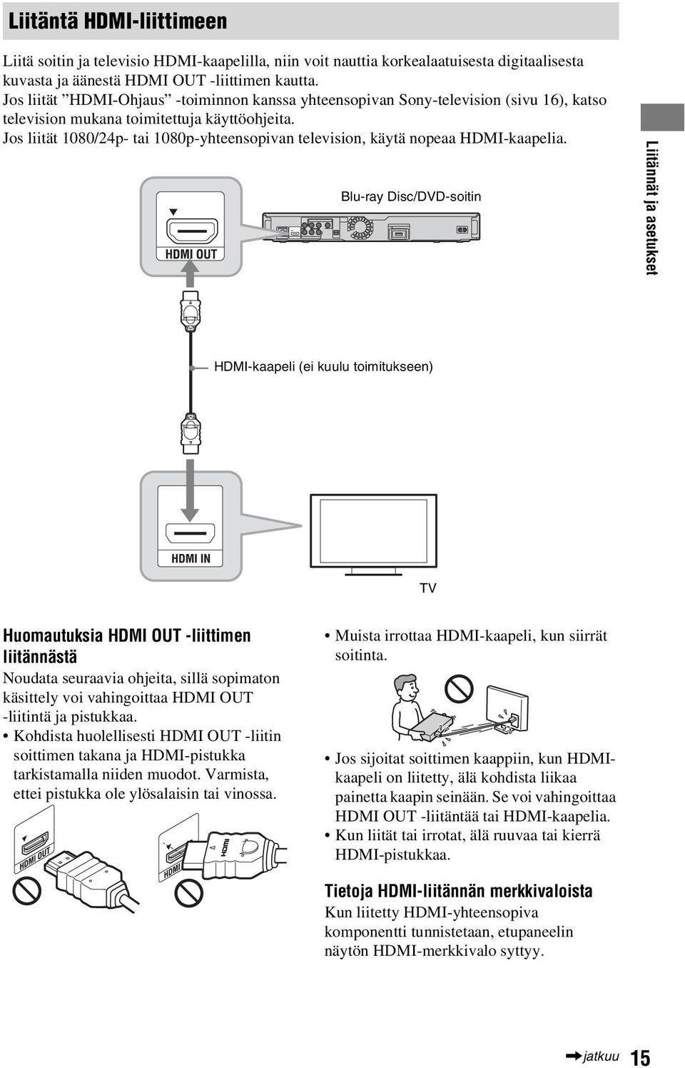 Jos liität 1080/24p- tai 1080p-yhteensopivan television, käytä nopeaa HDMI-kaapelia.