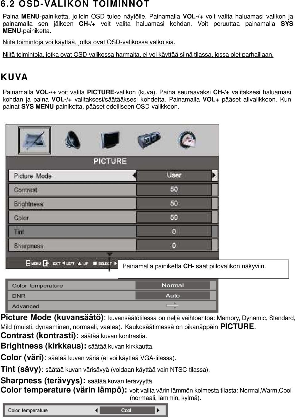 Niitä toimintoja, jotka ovat OSD-valikossa harmaita, ei voi käyttää siinä tilassa, jossa olet parhaillaan. KUVA Painamalla VOL-/+ voit valita PICTURE-valikon (kuva).