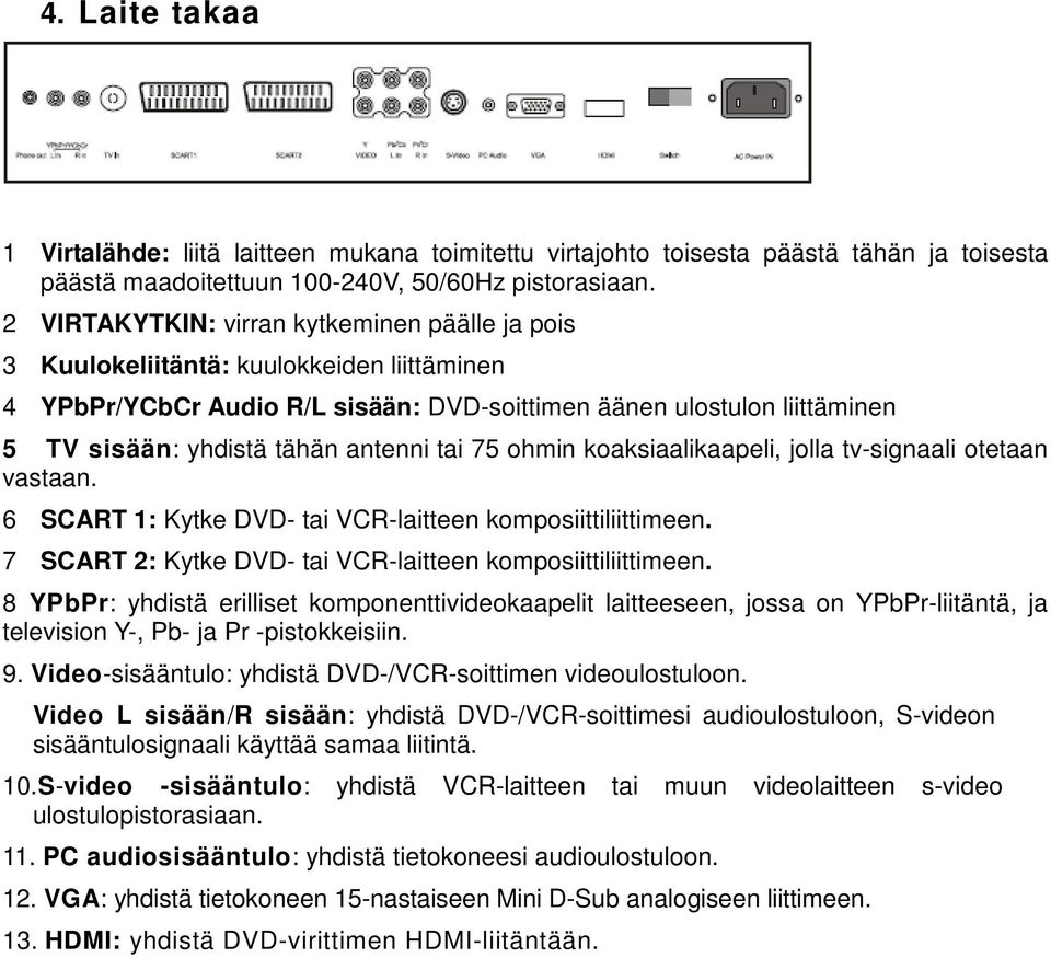 antenni tai 75 ohmin koaksiaalikaapeli, jolla tv-signaali otetaan vastaan. 6 SCART 1: Kytke DVD- tai VCR-laitteen komposiittiliittimeen. 7 SCART 2: Kytke DVD- tai VCR-laitteen komposiittiliittimeen.