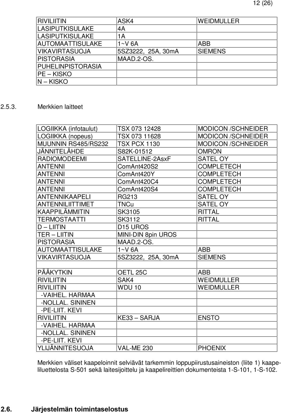 Merkkien laitteet LOGIIKKA (infotaulut) TSX 073 12428 MODICON /SCHNEIDER LOGIIKKA (nopeus) TSX 073 11628 MODICON /SCHNEIDER MUUNNIN RS485/RS232 TSX PCX 1130 MODICON /SCHNEIDER JÄNNITELÄHDE S82K-01512