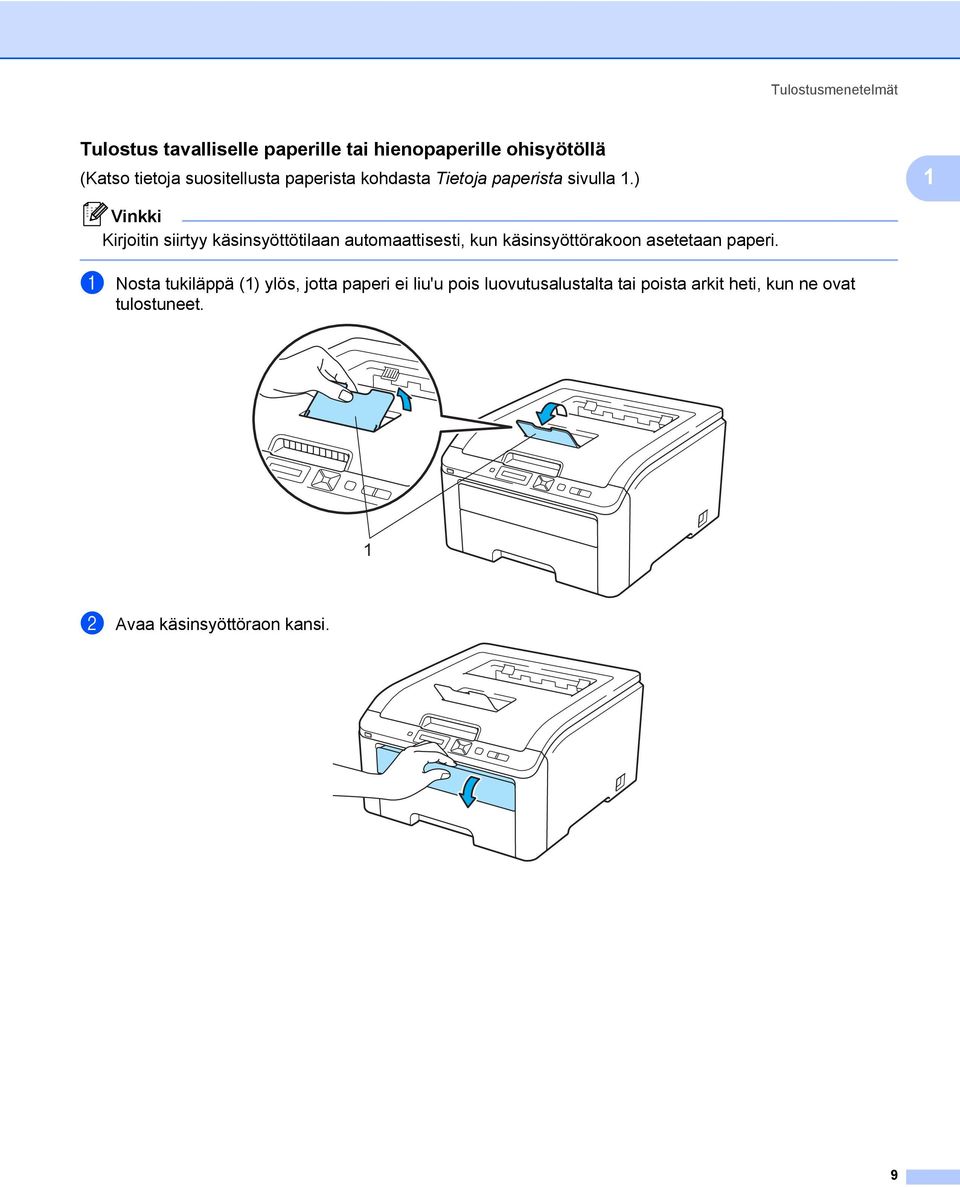 ) 1 Vinkki Kirjoitin siirtyy käsinsyöttötilaan automaattisesti, kun käsinsyöttörakoon asetetaan paperi.