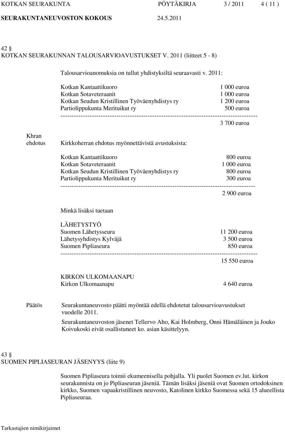 ---------------------------------------------------------------------------------------- 3 700 euroa Kirkkoherran myönnettävistä avustuksista: Kotkan Kantaattikuoro 800 euroa Kotkan Sotaveteraanit 1