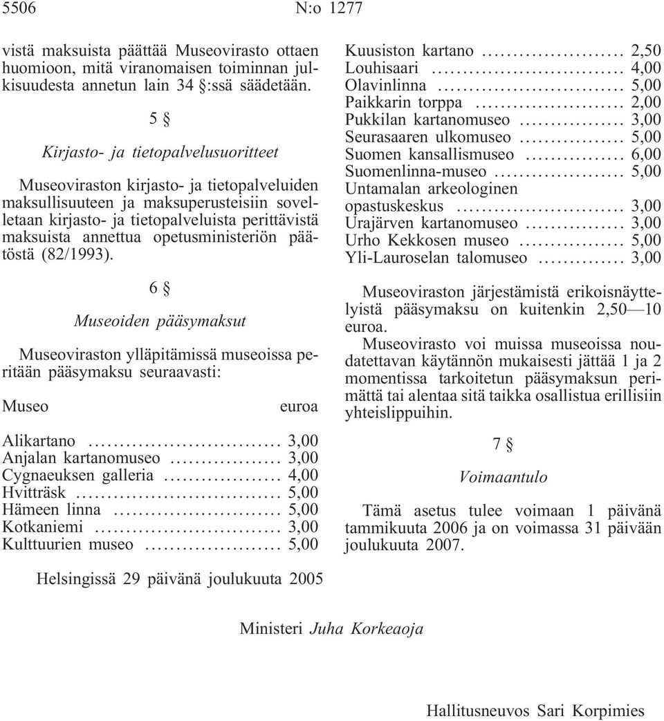 opetusministeriön päätöstä (82/1993). 6 Museoiden pääsymaksut Museoviraston ylläpitämissä museoissa peritään pääsymaksu seuraavasti: Museo euroa Alikartano... 3,00 Anjalan kartanomuseo.