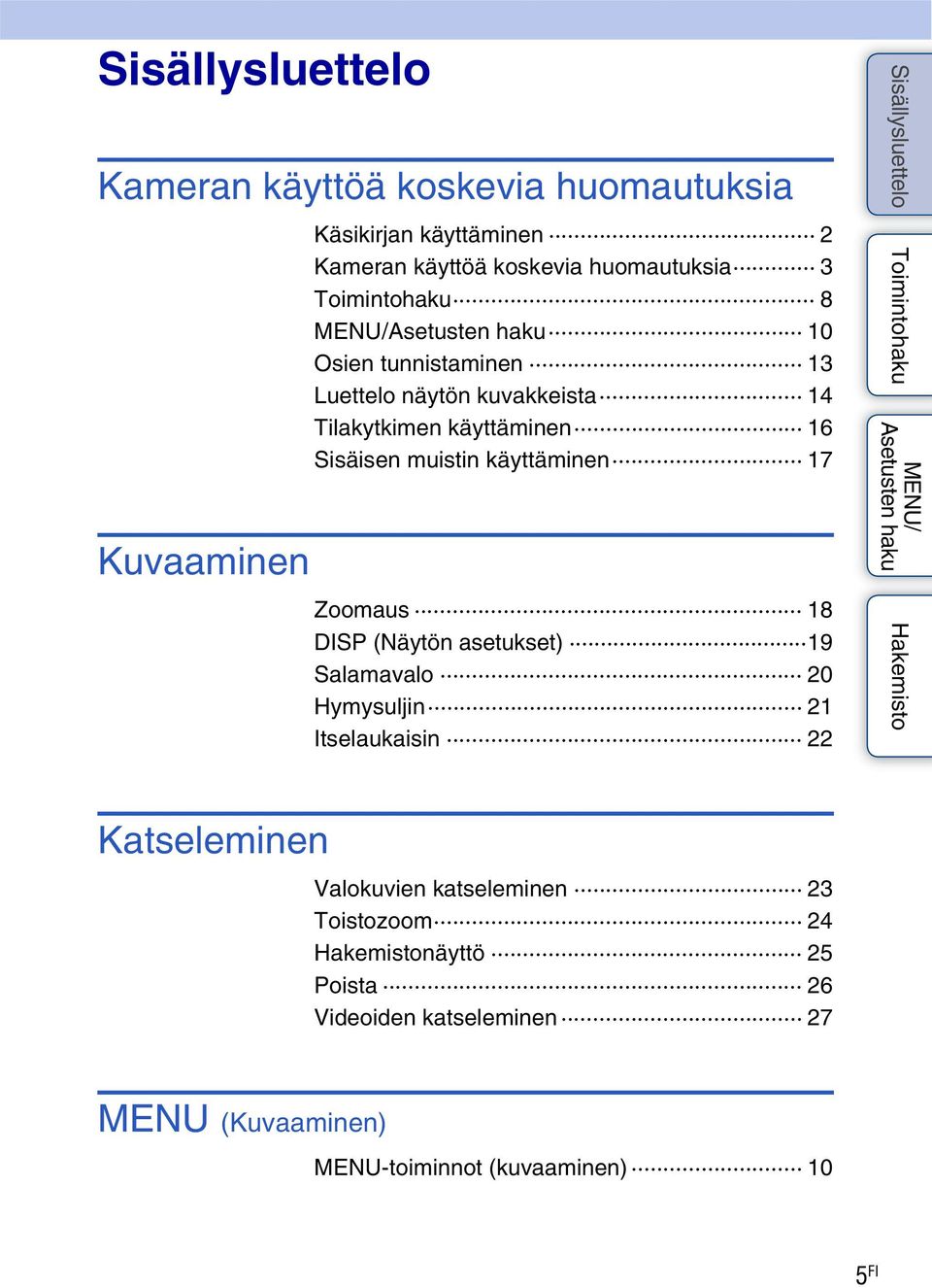 muistin käyttäminen 17 Zoomaus 18 DISP (Näytön asetukset) 19 Salamavalo 20 Hymysuljin 21 Itselaukaisin 22 Katseleminen