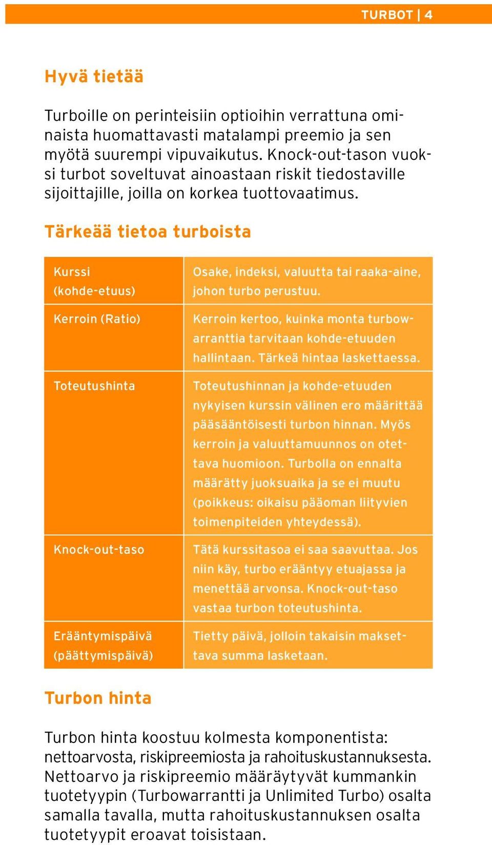 Tärkeää tietoa turboista Kurssi (kohde-etuus) Kerroin (Ratio) Toteutushinta Knock-out-taso Erääntymispäivä (päättymispäivä) Osake, indeksi, valuutta tai raaka-aine, johon turbo perustuu.