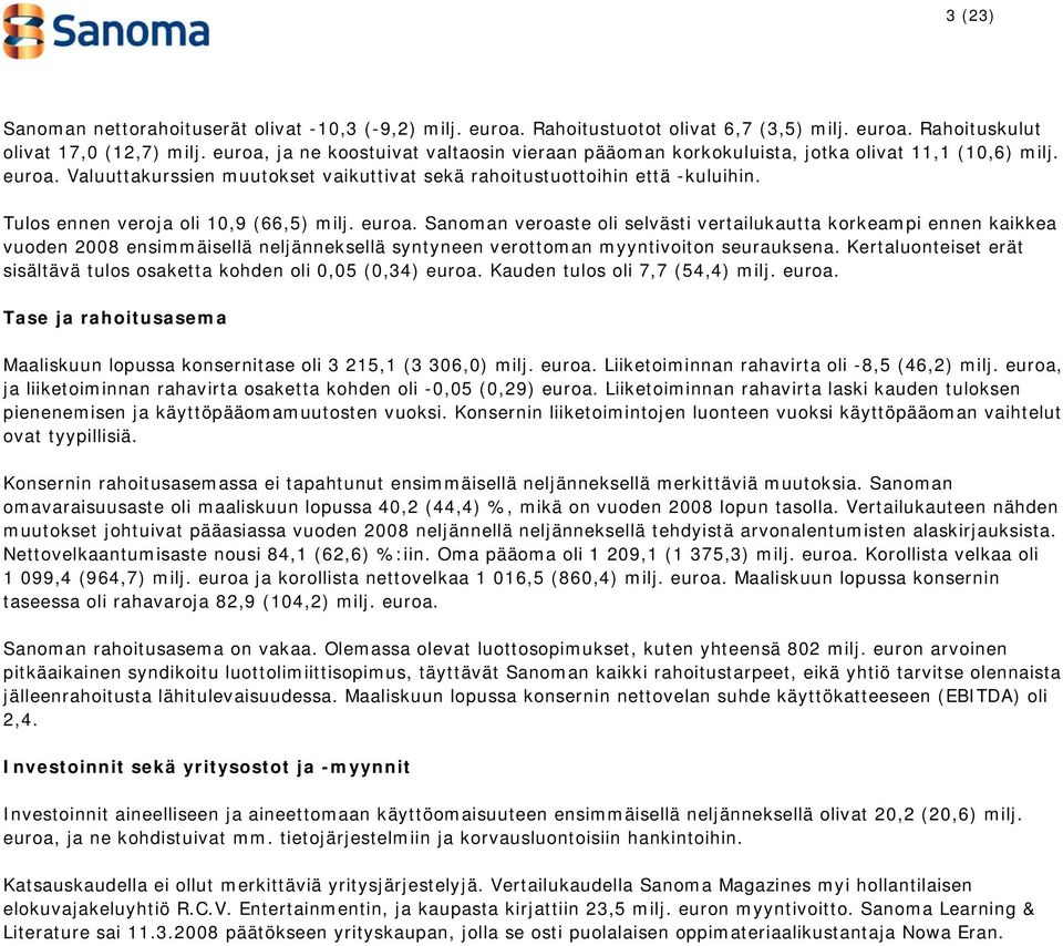 Tulos ennen veroja oli 10,9 (66,5) milj. euroa.