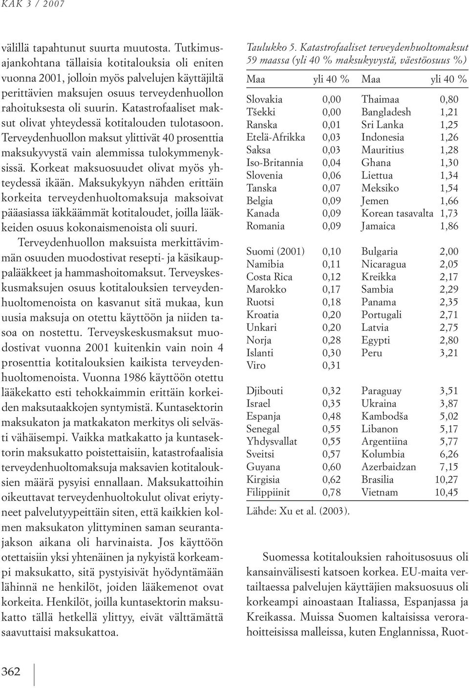 katastrofaaliset maksut olivat yhteydessä kotitalouden tulotasoon. terveydenhuollon maksut ylittivät 40 prosenttia maksukyvystä vain alemmissa tulokymmenyksissä.