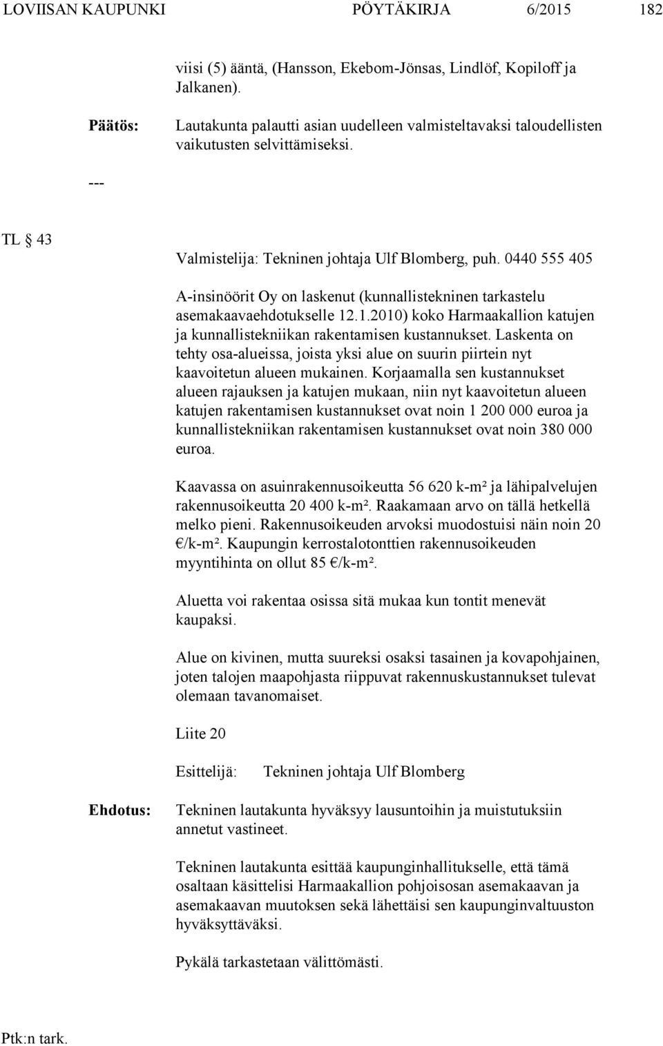 0440 555 405 A-insinöörit Oy on laskenut (kunnallistekninen tarkastelu asemakaavaehdotukselle 12.1.2010) koko Harmaakallion katujen ja kunnallistekniikan rakentamisen kustannukset.