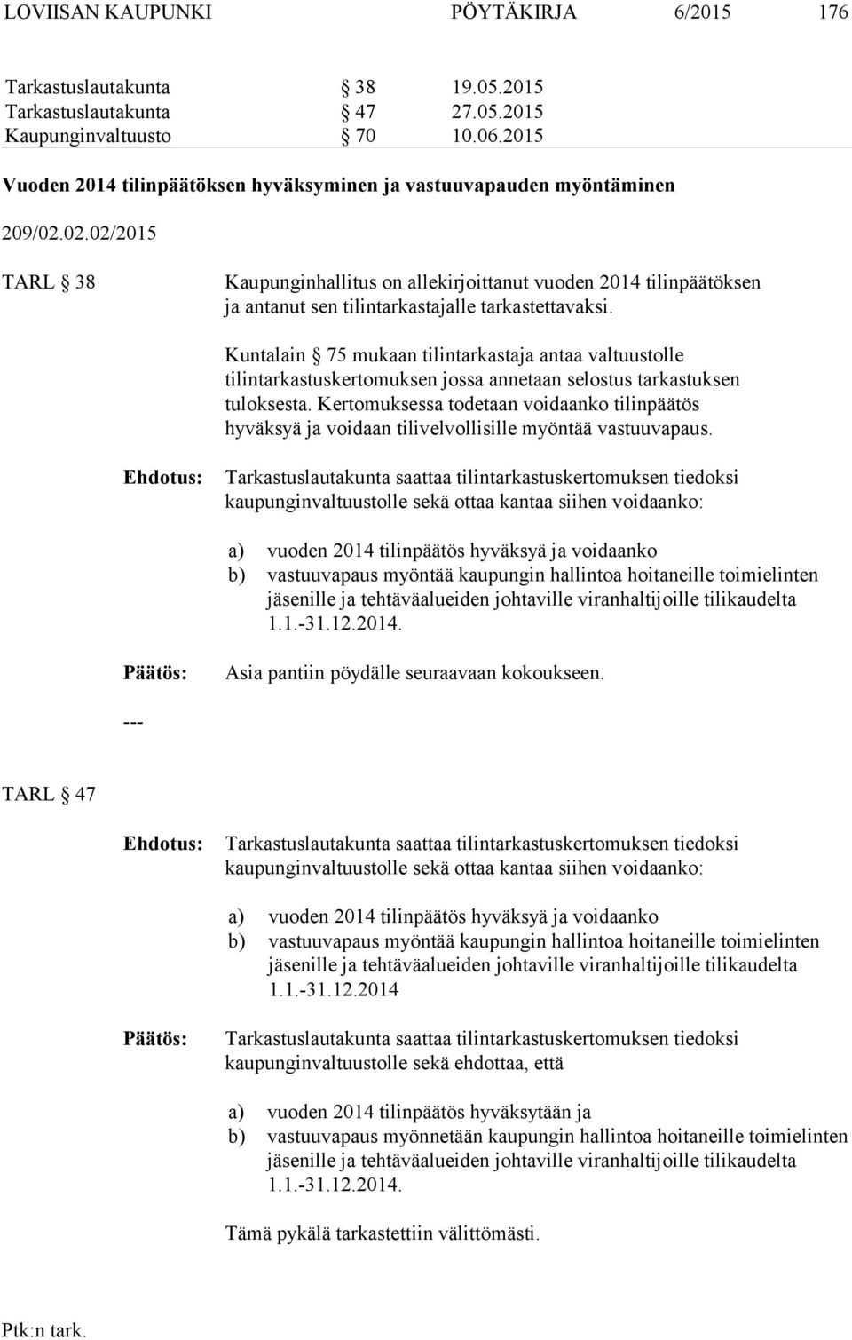 02.02/2015 TARL 38 Kaupunginhallitus on allekirjoittanut vuoden 2014 tilinpäätöksen ja antanut sen tilintarkastajalle tarkastettavaksi.