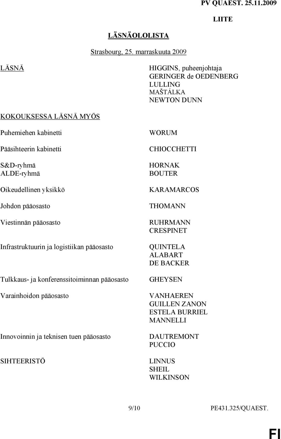 S&D-ryhmä ALDE-ryhmä Oikeudellinen yksikkö Johdon pääosasto Viestinnän pääosasto Infrastruktuurin ja logistiikan pääosasto Tulkkaus- ja konferenssitoiminnan