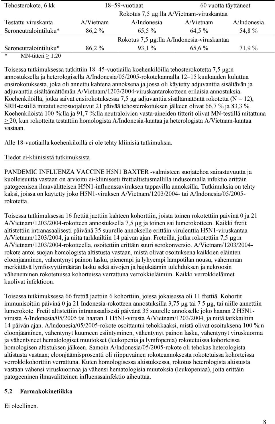 tehosterokotetta 7,5 μg:n annostuksella ja heterologisella A/Indonesia/05/2005-rokotekannalla 12 15 kuukauden kuluttua ensirokotuksesta, joka oli annettu kahtena annoksena ja jossa oli käytetty