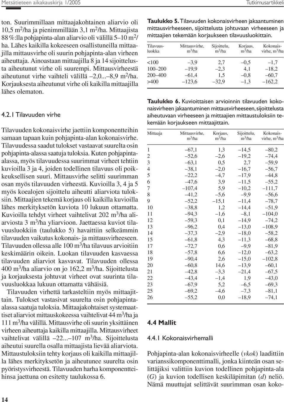 Ainoastaan mittaajilla 8 ja 14 sijoittelusta aiheutunut virhe oli suurempi. Mittausvirheestä aiheutunut virhe vaihteli välillä 2,0... 8,9 m 2 /ha.