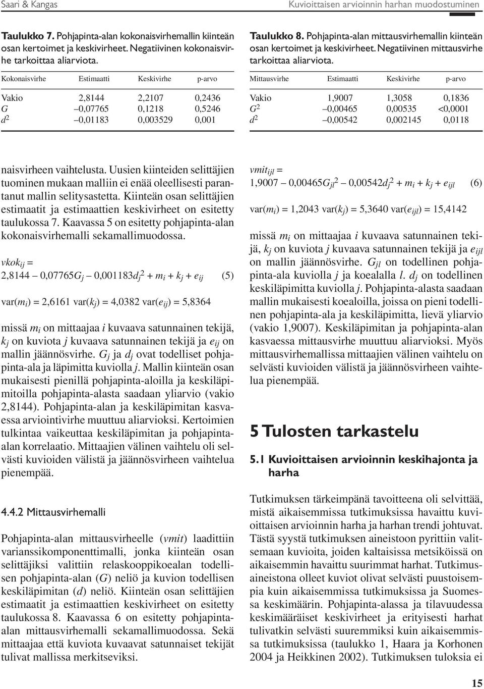 Pohjapinta-alan mittausvirhemallin kiinteän osan kertoimet ja keskivirheet. Negatiivinen mittausvirhe tarkoittaa aliarviota.