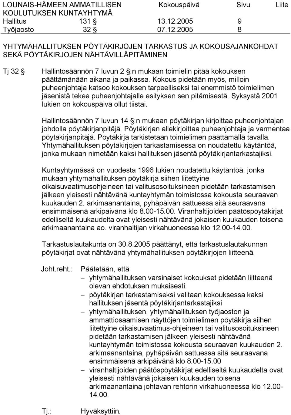 Syksystä 2001 lukien on kokouspäivä ollut tiistai. Hallintosäännön 7 luvun 14 :n mukaan pöytäkirjan kirjoittaa puheenjohtajan johdolla pöytäkirjanpitäjä.