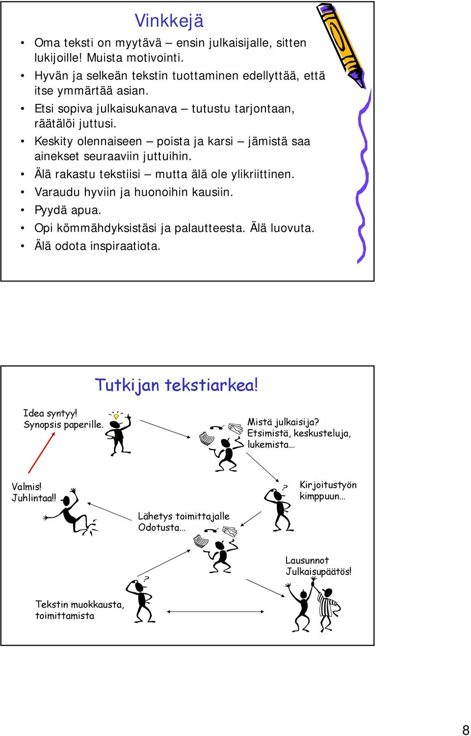 Älä rakastu tekstiisi mutta älä ole ylikriittinen. Varaudu hyviin ja huonoihin kausiin. Pyydä apua. Opi kömmähdyksistäsi ja palautteesta. Älä luovuta. Älä odota inspiraatiota.