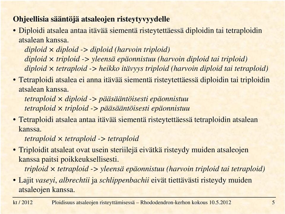 Tetraploidi atsalea ei anna itävää siementä risteytettäessä diploidin tai triploidin atsalean kanssa.