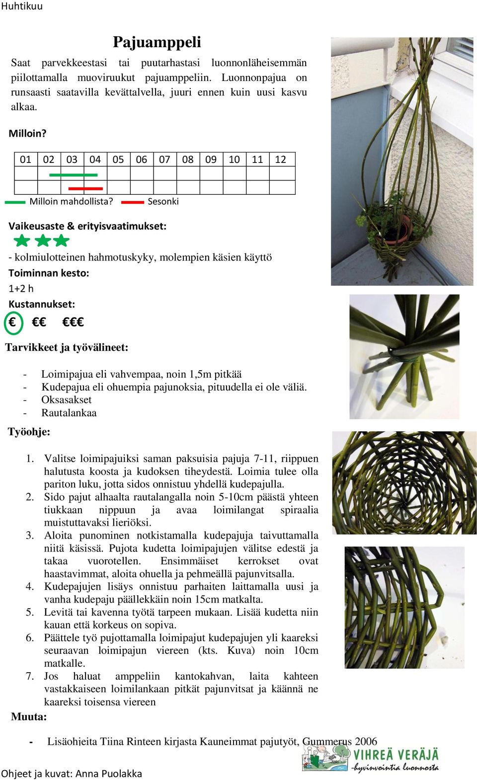 Valitse loimipajuiksi saman paksuisia pajuja 7-11, riippuen halutusta koosta ja kudoksen tiheydestä. Loimia tulee olla pariton luku, jotta sidos onnistuu yhdellä kudepajulla. 2.