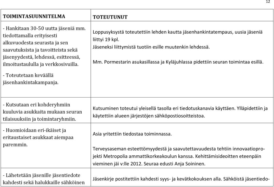 TOTEUTUNUT Loppusyksystä toteutettiin lehden kautta jäsenhankintatempaus, uusia jäseniä liittyi 19 kpl. Jäseneksi liittymistä tuotiin esille muutenkin lehdessä. Mm.