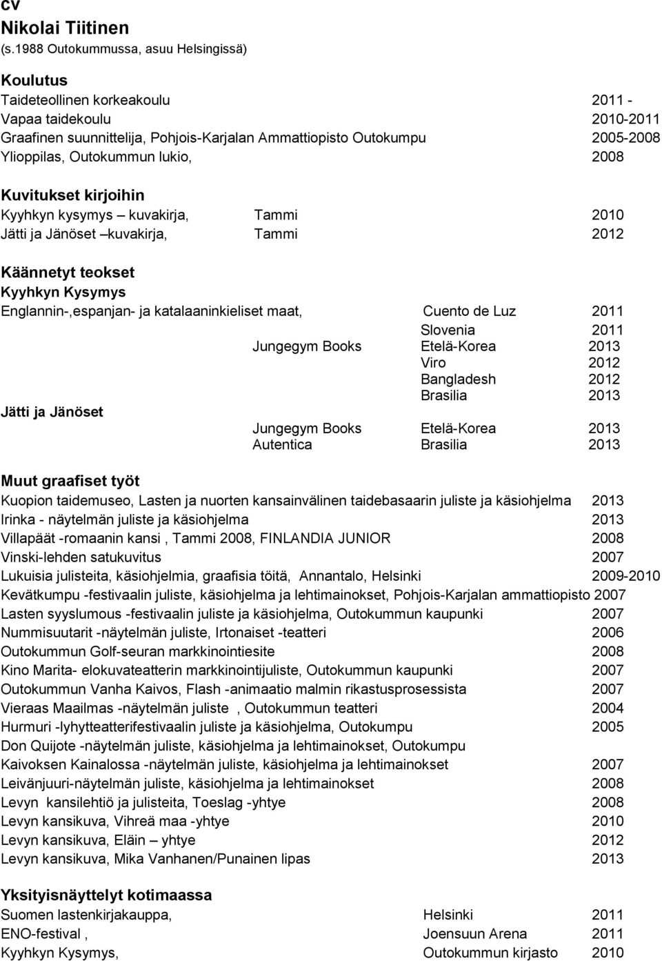 Outokummun lukio, 2008 Kuvitukset kirjoihin Kyyhkyn kysymys kuvakirja, Tammi 2010 Jätti ja Jänöset kuvakirja, Tammi 2012 Käännetyt teokset Kyyhkyn Kysymys Englannin-,espanjan- ja katalaaninkieliset