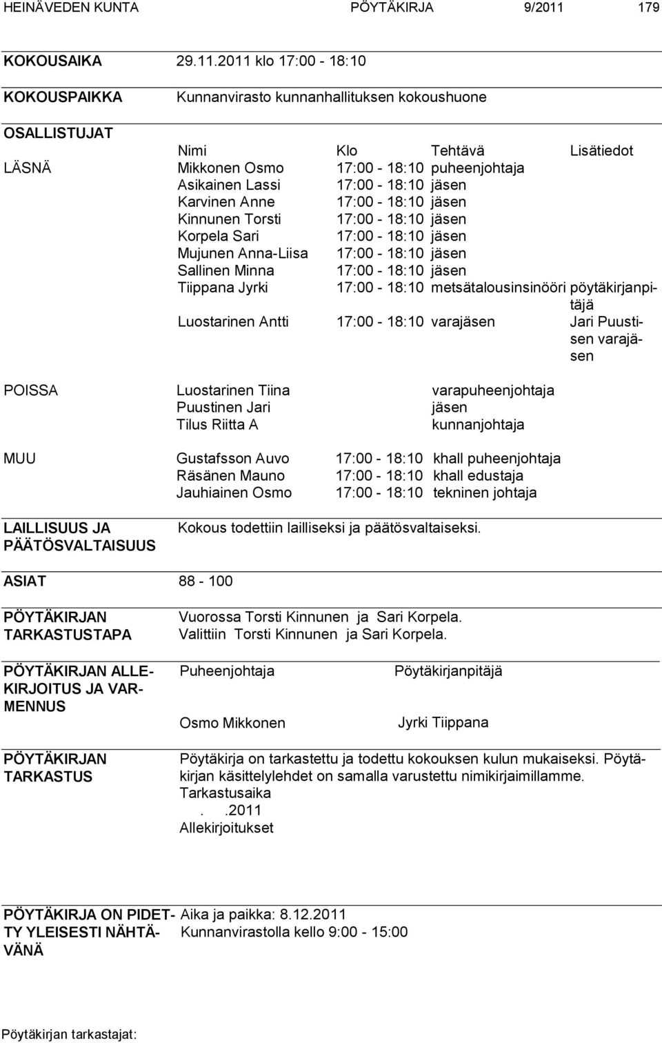 2011 klo 17:00-18:10 KOKOUSPAIKKA Kunnanvirasto kunnanhallituksen kokoushuone OSALLISTUJAT Nimi Klo Tehtävä Lisätiedot LÄSNÄ Mikkonen Osmo 17:00-18:10 puheenjohtaja Asikainen Lassi 17:00-18:10 jäsen