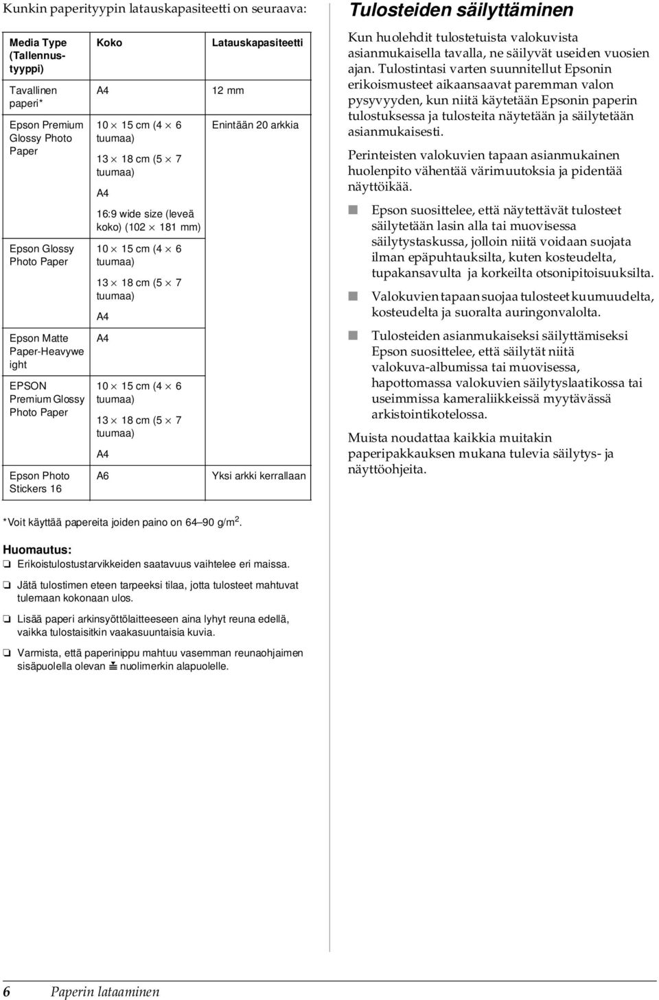 15 cm (4 6 tuumaa) 13 18 cm (5 7 tuumaa) A4 A6 Latauskapasiteetti 12 mm Enintään 20 arkkia Yksi arkki kerrallaan Tulosteiden säilyttäminen Kun huolehdit tulostetuista valokuvista asianmukaisella