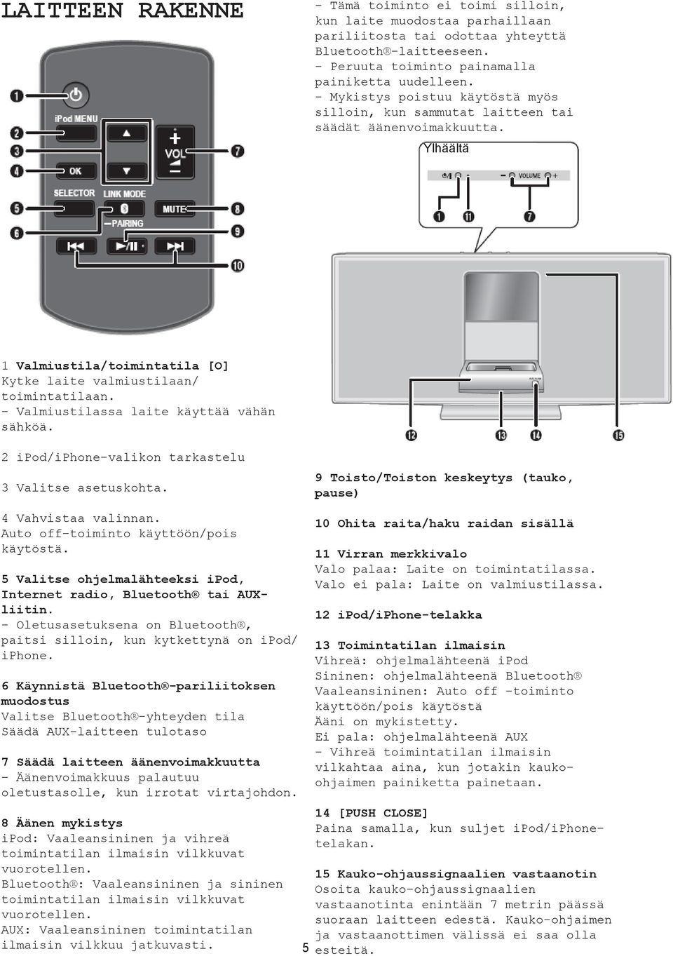 - Valmiustilassa laite käyttää vähän sähköä. 2 ipod/iphone-valikon tarkastelu 3 Valitse asetuskohta. 9 Toisto/Toiston keskeytys (tauko, pause) 4 Vahvistaa valinnan.