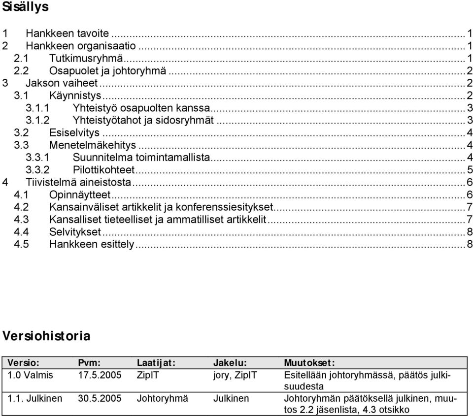 ..7 4.3 Kansalliset tieteelliset ja ammatilliset artikkelit...7 4.4 Selvitykset...8 4.5 Hankkeen esittely...8 Versiohistoria Versio: Pvm: Laatijat: Jakelu: Muutokset: 1.0 Valmis 17.5.2005 ZipIT jory, ZipIT Esitellään johtoryhmässä, päätös julkisuudesta 1.