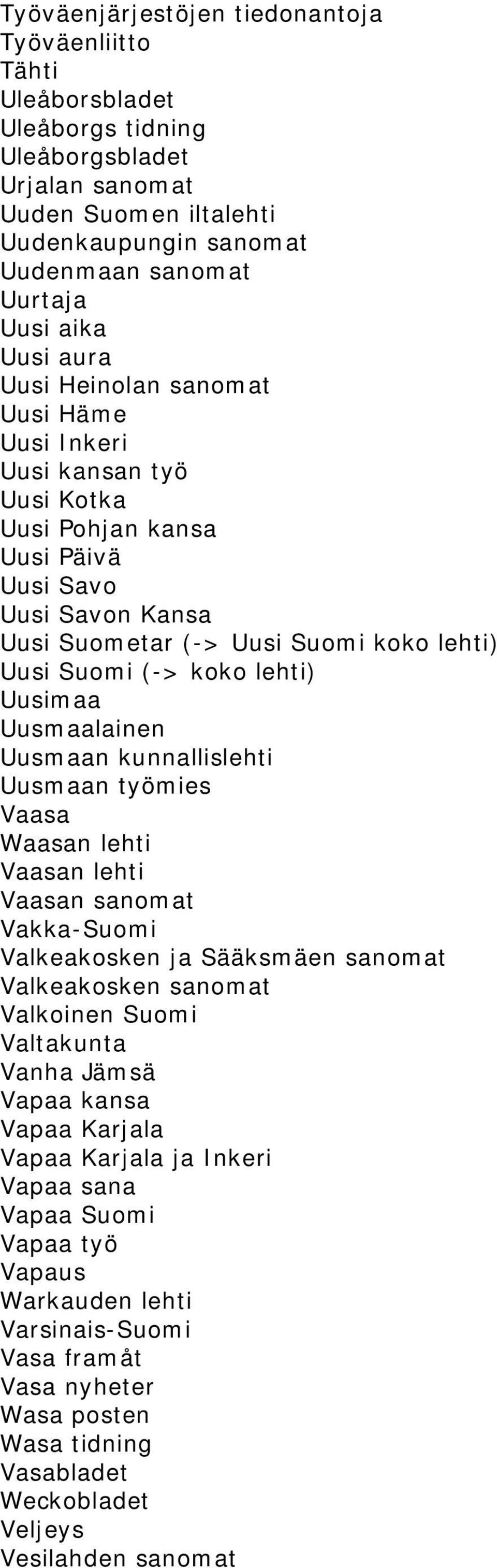 lehti) Uusimaa Uusmaalainen Uusmaan kunnallislehti Uusmaan työmies Vaasa Waasan lehti Vaasan lehti Vaasan sanomat Vakka-Suomi Valkeakosken ja Sääksmäen sanomat Valkeakosken sanomat Valkoinen Suomi