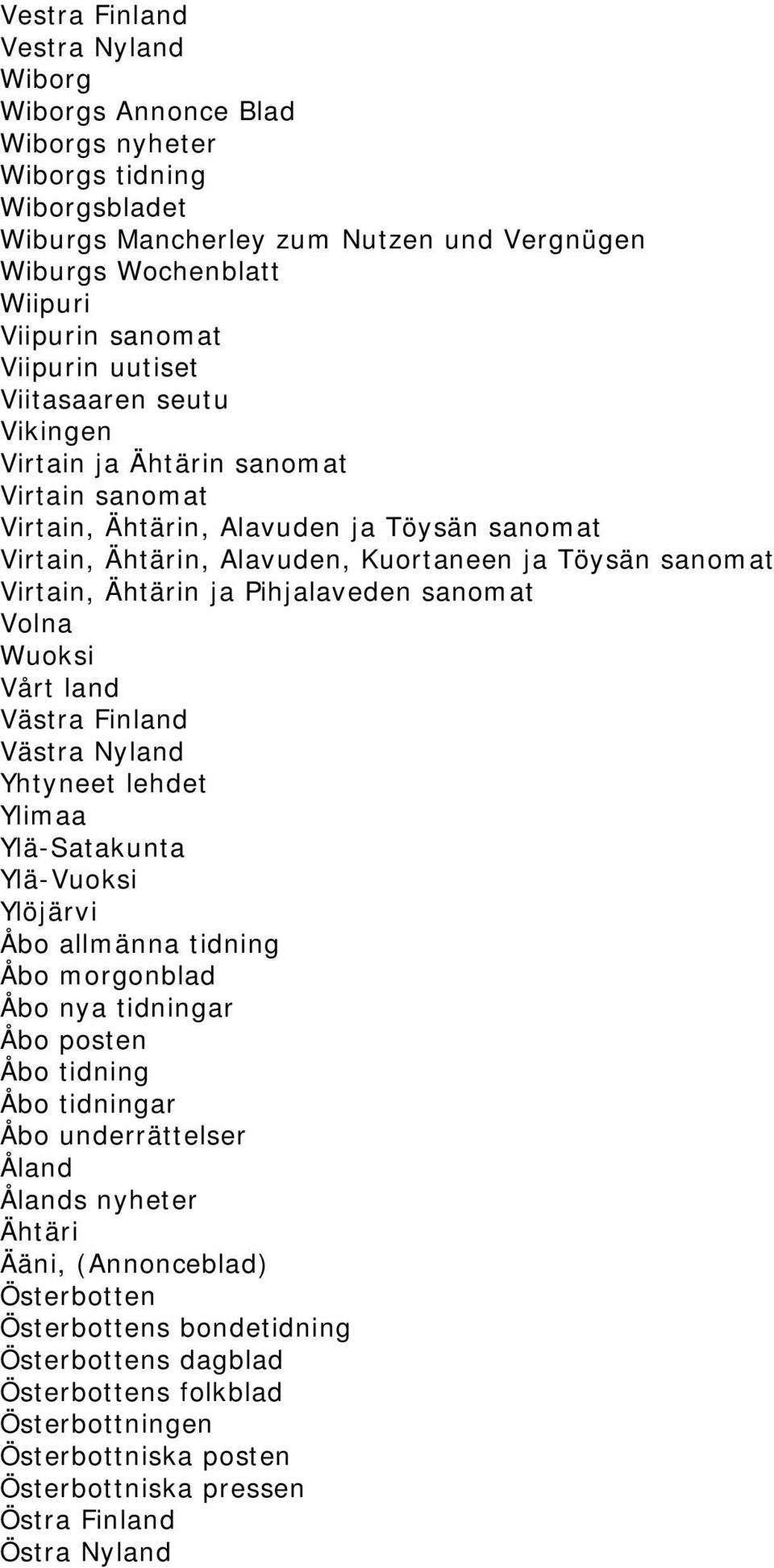 Ähtärin ja Pihjalaveden sanomat Volna Wuoksi Vårt land Västra Finland Västra Nyland Yhtyneet lehdet Ylimaa Ylä-Satakunta Ylä-Vuoksi Ylöjärvi Åbo allmänna tidning Åbo morgonblad Åbo nya tidningar Åbo